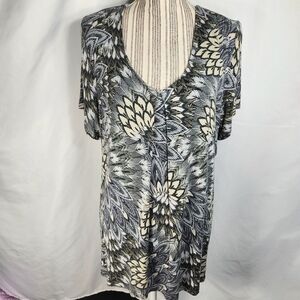 Croft & Barrow Black White Leaf Print V Neck Soft Short Sleeve Top Plus Size 2X